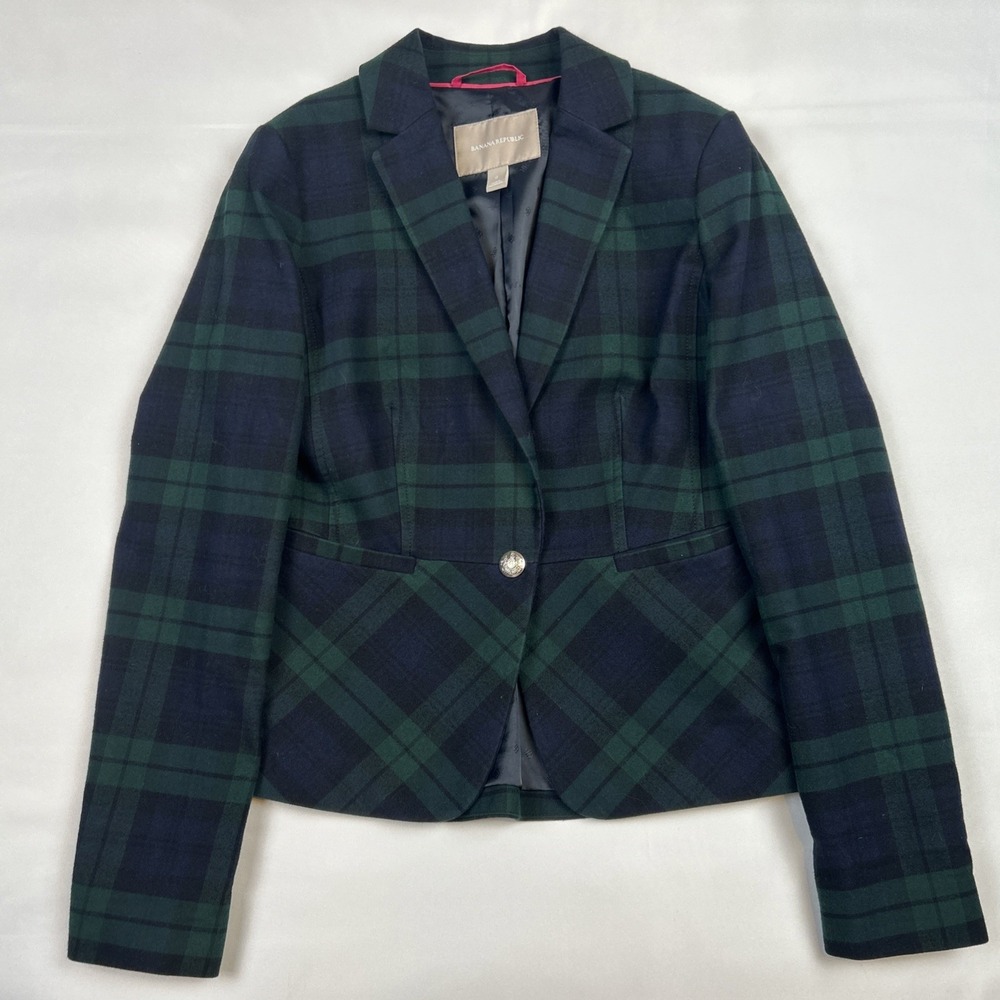 Banana Republic Women's Sz 0 Black Watch Tartan Plaid Blazer Navy Green Academia